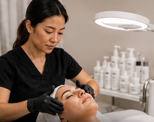 Wellness professional giving a calming facial treatment